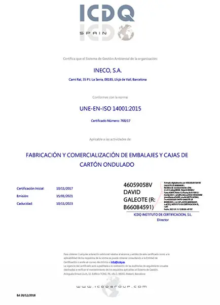 Certificado ISO 14001:2015 como fabricante de cajas de cartón