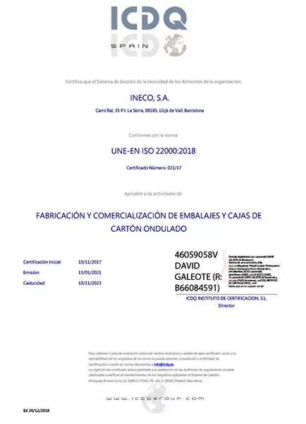 Certificado ISO 22000:2018 como fabricante de cajas de cartón