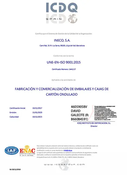 Certificado ISO 9001:2015 como fabricante de cajas de cartón